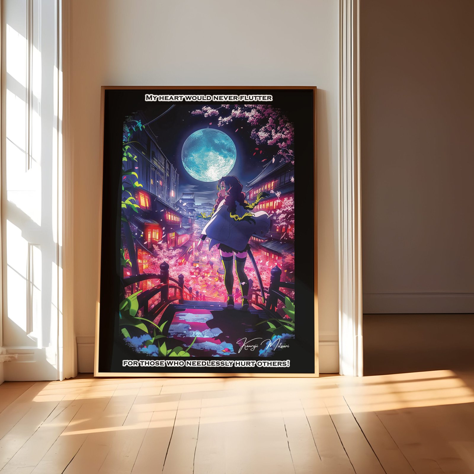 Anime poster with moonlit city scene