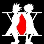 Silhouettes of two characters with a red diamond.