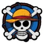 Pirate skull with straw hat and crossbones.