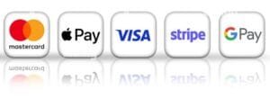 Payment options: Mastercard, Apple Pay, Visa, Stripe, Google Pay.