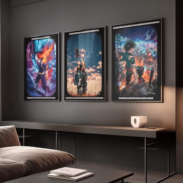 Three anime posters on a living room wall.