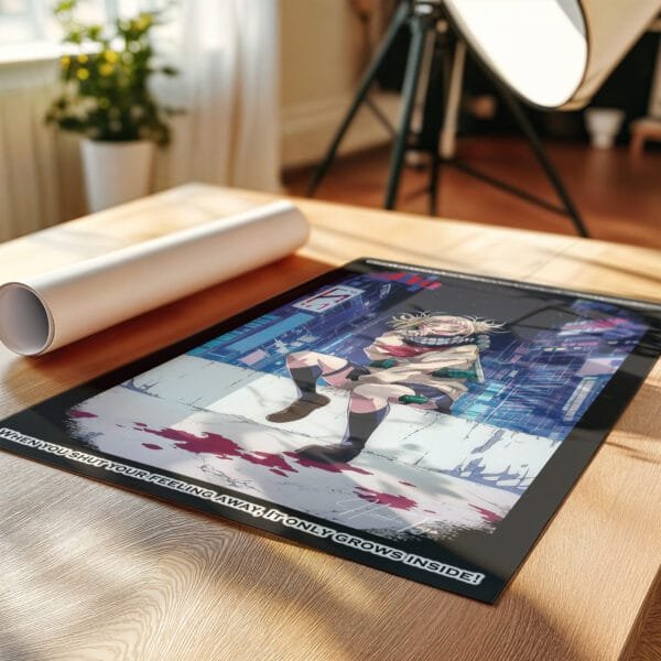 Anime poster on wooden table with sunlight.