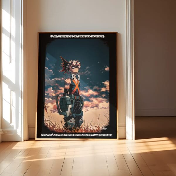 Anime character in heroic pose with sunset background.