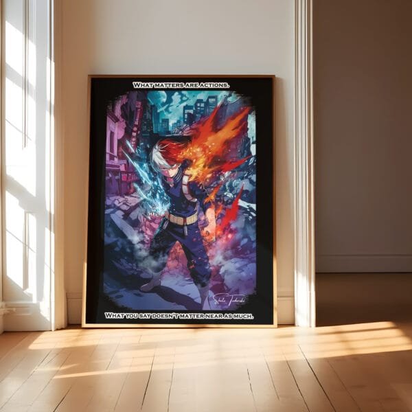 Anime poster of hero with fire and ice powers.