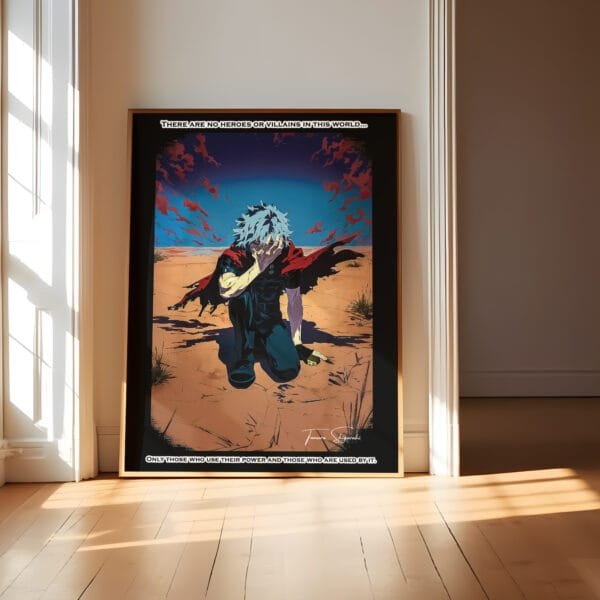 Framed anime poster in sunlit room corner.