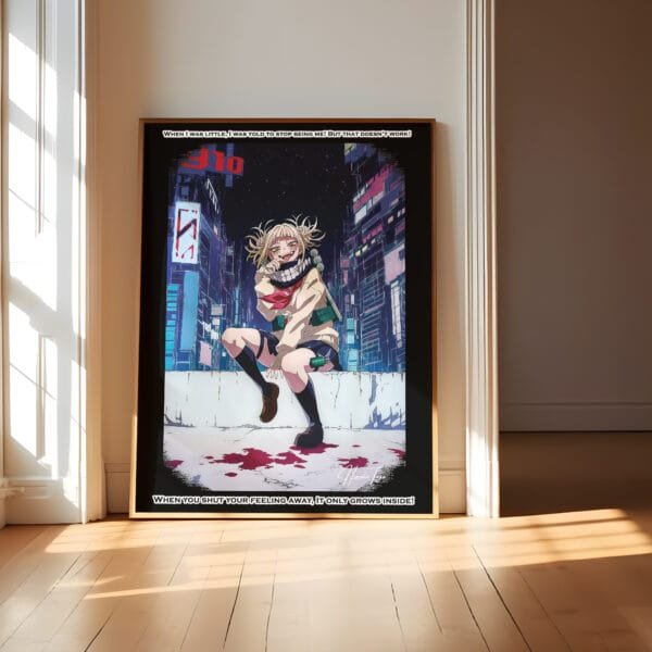 Anime poster in room with light and shadows.