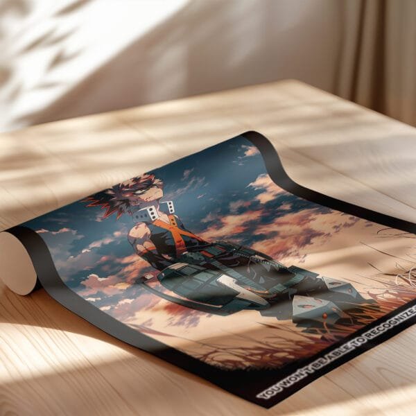 Anime character poster on wooden surface