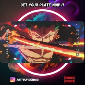 Anime character with three swords, promotional plate.