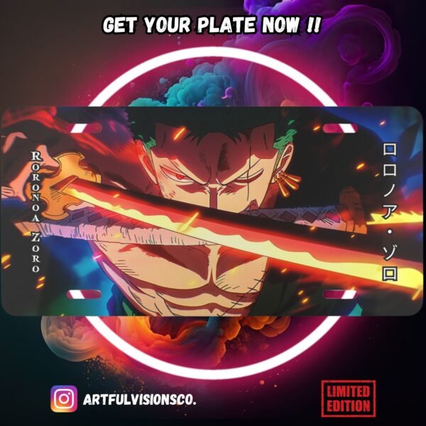 Anime character with three swords, promotional plate.