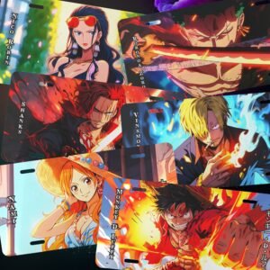 Anime characters with colorful backgrounds and action poses.