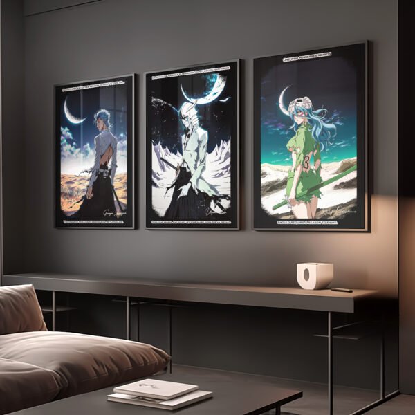 Framed anime posters on modern living room wall.