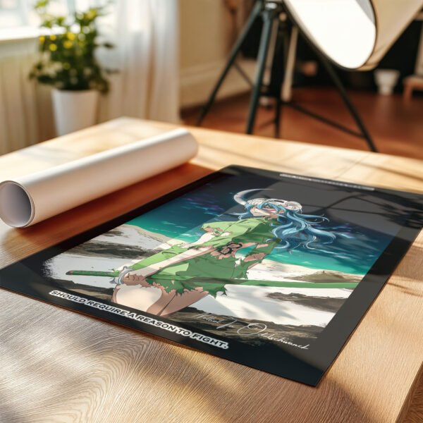 Anime poster on wooden table in sunlight.