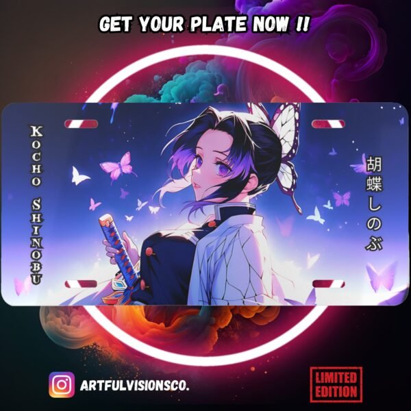 Anime character license plate design with butterflies.