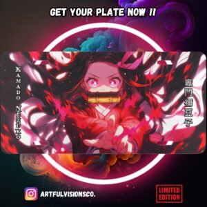 Anime character on colorful custom license plate design.