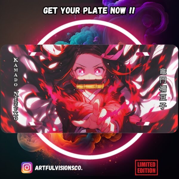 Anime character on colorful custom license plate design.