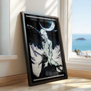 Anime poster with a warrior and quote.