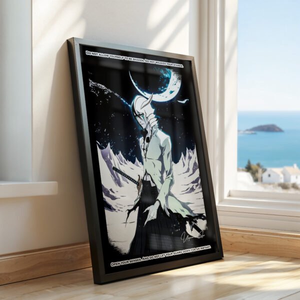 Anime poster with a warrior and quote.