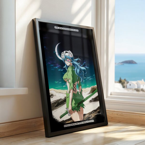 Anime character poster by the seaside window.