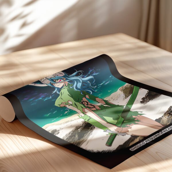 Anime girl with green attire, blue hair, desert background.