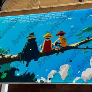 Anime characters sitting on tree branch, ocean view.