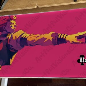 Anime character with playing cards on pink mat