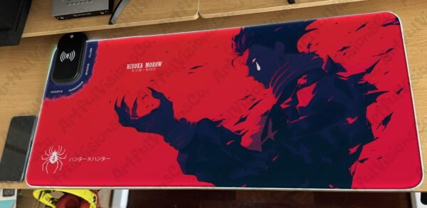 Anime-themed LED mousepad on wooden desk
