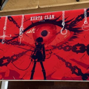 Anime-themed red desk mat with eye and chains.
