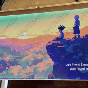 Anime characters overlooking colorful sunset landscape.