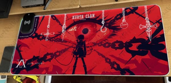 Anime-themed red desk mat with eye and chains.
