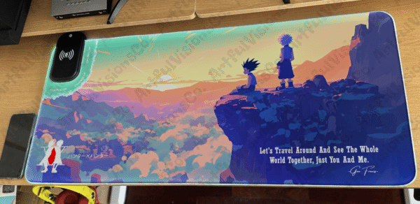 Anime characters overlooking colorful sunset landscape.