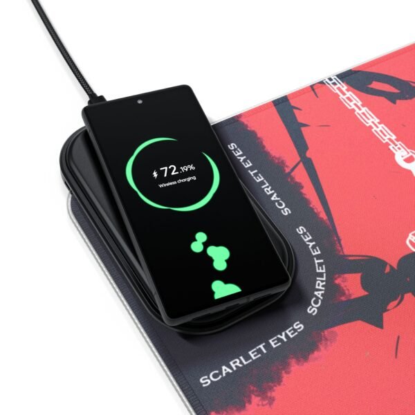 Phone wireless charging on graphic mat.