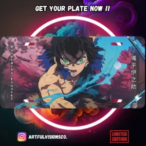 Demon Slayer Kimetsu no Yaiba aluminium license plate with vivid full-colour manga print of Tanjiro on durable metal