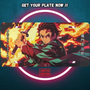 Demon Slayer Kimetsu no Yaiba aluminium license plate with vivid full-colour manga print of Tanjiro on durable metal